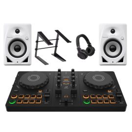 AlphaTheta DDJ-FLX2, DM-50D-W, HDJ-CUE1 + Laptop Stand Bundle