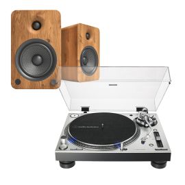Audio Technica LP140XP Silver Turntable + YU6 Active Speakers Walnut