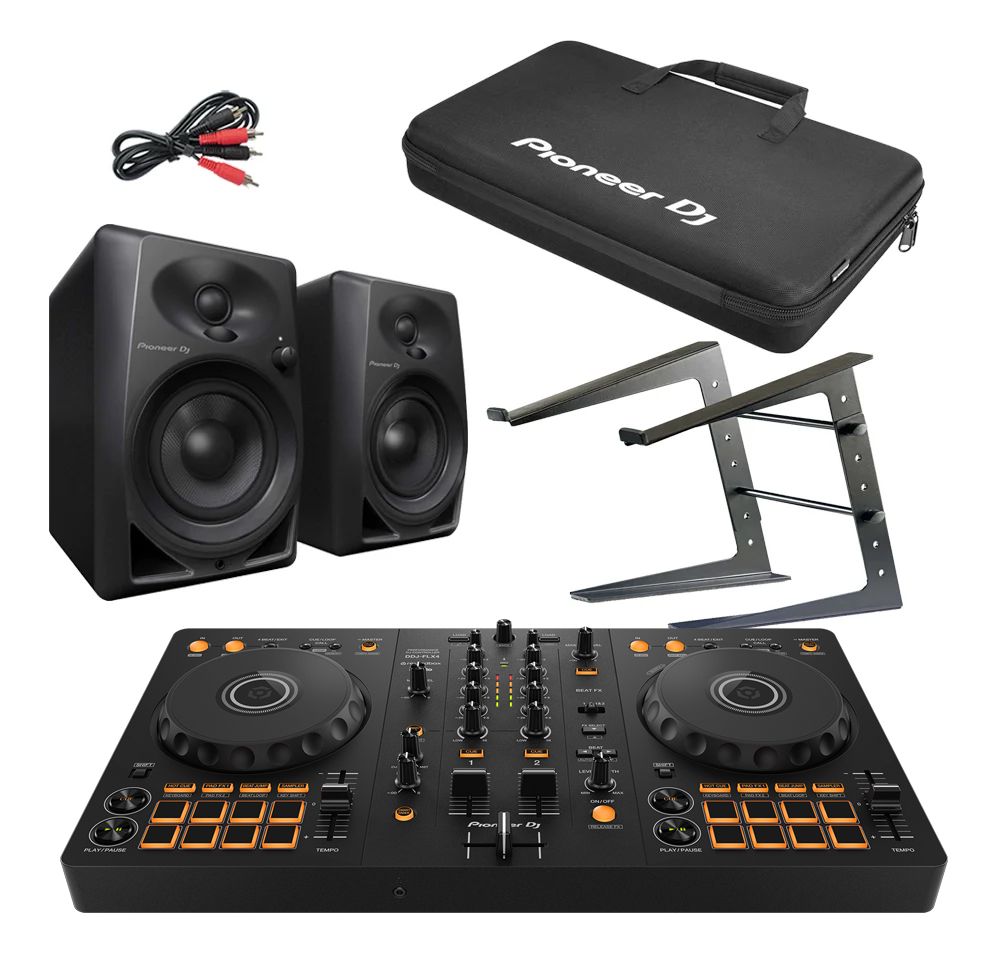 Pioneer DDJ-FLX4 Controller, DM-40D Active Speakers, Laptop Stand
